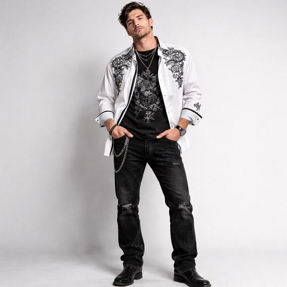English Laundry XXL White Embroidered Shirt Y2K Rock Baroque Button Down